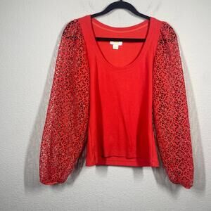 Maeve Small Lace Crochet Sleeve Top Red Cotton Blend Rib Scoop Neck
